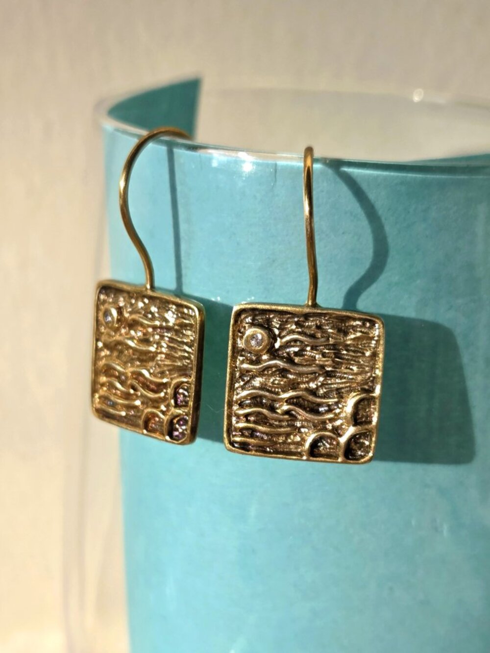 Italian Sterling Silver Gold Plated Antique Earrings from Florence Wave Diamond